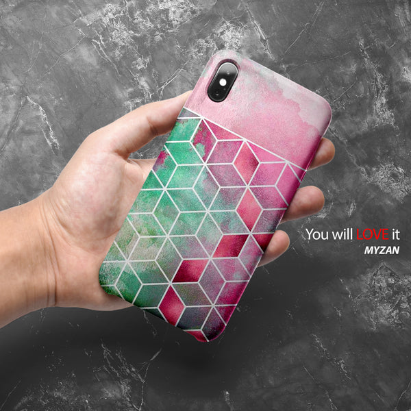 MC008 - Pink & Green Cubes Marble Mobile Case